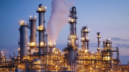 Industrial Facility at Dusk with Smoke and Lights