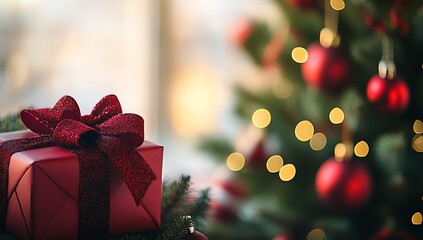 Christmas present box with a bow on a decorated tree against a blurred background. : Generative AI