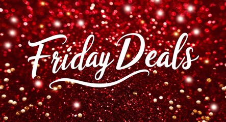 Friday deals calligraphic lettering on red bokeh glitter festive sparkles background