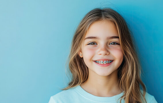 A close-up portrait of an adorable young girl with braces, smiling for the camera against a vibrant blue background.