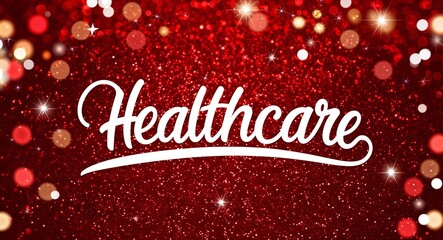 healthcare calligraphic lettering on red bokeh glitter festive sparkles background