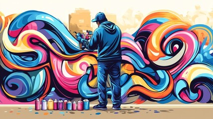Obraz premium A street artist creates vibrant graffiti with swirling colors on an urban wall.