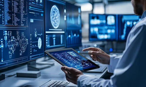 businessman in suit and shirt using computer to protect data and cyber security in office.