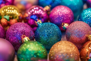 A vibrant close-up of multicolored Christmas ornaments ,A selection of decorative Christmas ornaments set against a striking blue backdrop, embodying the essence of the season.