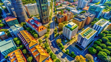 Obraz premium Urban landscape showcasing vibrant city sidewalk with modern buildings and architectural details