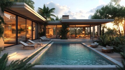 Fototapeta premium Modern home with pool surrounded by tropical plants and trees.