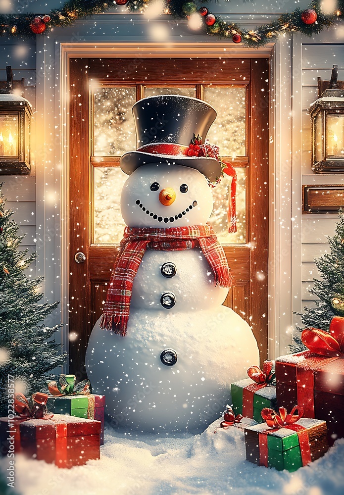 Poster a snowman with a top hat and scarf stands in front of the door : generative ai