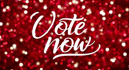 vote now calligraphic lettering on red bokeh glitter festive sparkles background