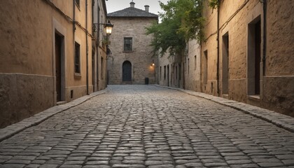 Fototapeta premium A tranquil cobblestone street lined with historic buildings evokes a sense of timeless charm in a quaint village shrouded in morning mist