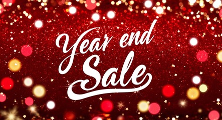 year end sale calligraphic lettering on red bokeh glitter festive sparkles background