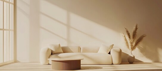 living room Modern interior design background with a sofa and coffee table on an empty wall mock-up, minimal home decor