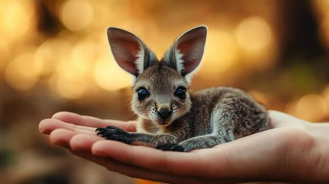 Baby Kangaroo in Hand with Golden Bokeh Background