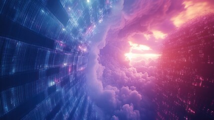 Obraz premium A surreal digital landscape with vibrant colors, clouds, and abstract structures.