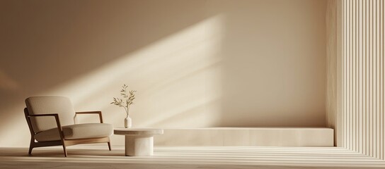 minimalist living room with an armchair and coffee table against the background of a blank wall for mockups, a realistic in soft beige tones, with copy space
