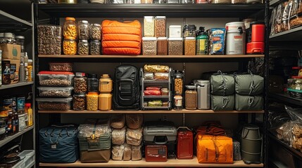 Organized pantry filled with food supplies and storage containers.