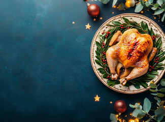 A beautifully decorated Christmas dinner table with an ornate plate of roasted chicken