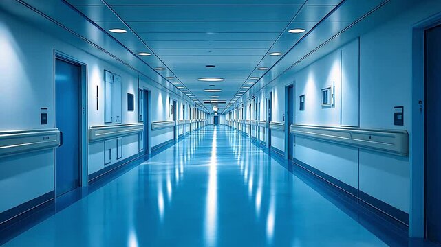 Empty hospital corridor with blue walls, tiled floor, and a row of closed doors.
