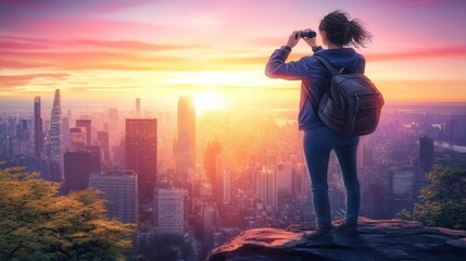 Fototapeta premium A person with a backpack captures a sunset view over a city skyline.