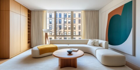 A Modern Living Room with an Oversized Abstract Painting on the Wall, Featuring Warm Tones and Soft Textures for Comfort