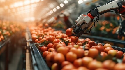 Automated process for inspecting and sorting apples with robotic precision in a well-lit, modern facility, emphasizing efficiency and technology in agriculture.