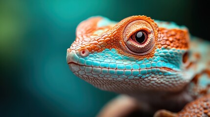 Fototapeta premium A detailed close-up shot of a chameleon, capturing the intricate and colorful textures of its skin with a focus on its eye, set against a soft teal background.
