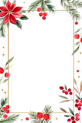 Christmas frame with watercolor fir branches, сhristmas flower and place for text. Xmas botanical card.