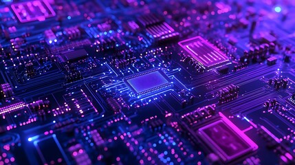 Artistic representation of circuits in blue and purple technology backdrop.