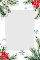 Christmas frame with watercolor flowers, fir branches, berries, snowflakes and place for text. New year poster