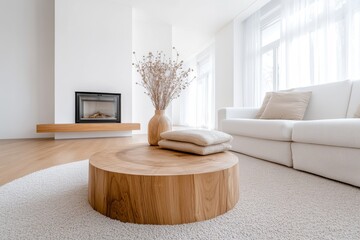 A Modern and Elegant Entryway with White Walls, a Wooden Console Table, a Round Mirror, and Plants in Vases