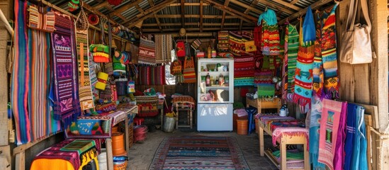 Fototapeta premium Colorful Woven Textiles Hanging In a Rustic Shop