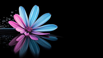 Fototapeta premium Pink-blue flower on black background with top and bottom reflections
