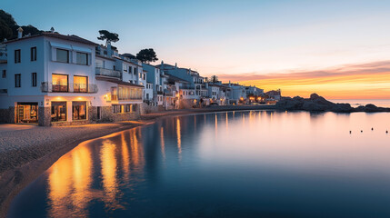 Obraz premium Coastal village at dusk with illuminated houses reflecting on calm sea water, showcasing a serene waterfront and vibrant sunset sky.