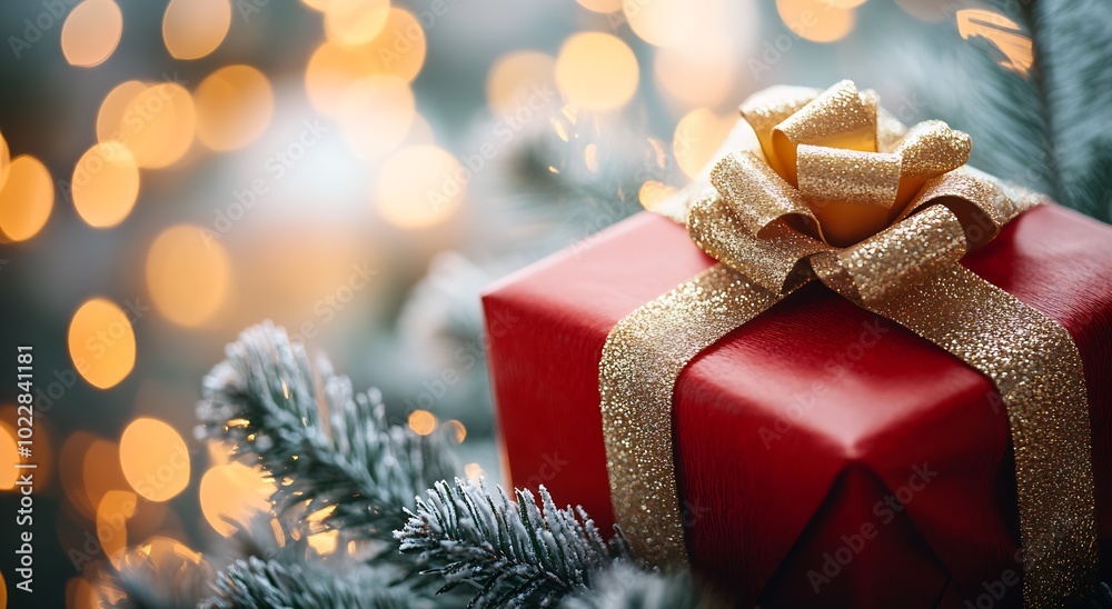 Poster a red christmas present gift box with a golden bow on a tree branch against a blurred background : g