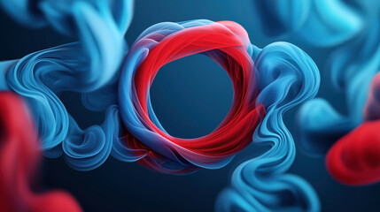 Abstract image featuring flowing, translucent blue and red shapes forming a circular structure with fluid patterns on a dark background, creating a dynamic visual effect.
