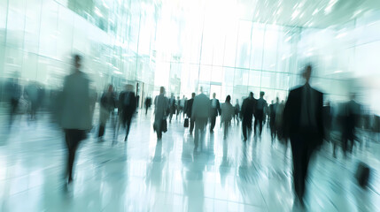 Long exposure shot of crowd of business people walking in bright office lobby fast moving with blurry,