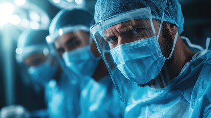 A group of surgeons in protective gear, deeply engaged in a medical procedure, highlighting the seriousness and precision required in the operating room environment.