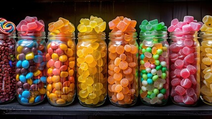 A row of glass jars filled with assorted colorful candies, arranged neatly to create a vibrant display.

