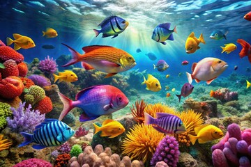 Vibrant 3D Underwater Scene Featuring Colorful Fish Swimming in a Lush Marine Environment