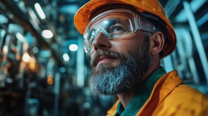 A bearded worker wearing a hard hat and safety goggles looks intently at machinery, showcasing the importance of safety in industrial environments.