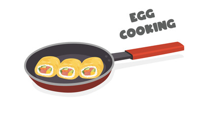 Egg rolls vector. Egg rolls on frying pan. Egg dish clipart. Food vector. Flat vector in cartoon style isolated on white background.