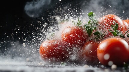 A cluster of vivid red tomatoes is dramatically captured engulfed in a cloud of mist and dust, emphasizing freshness and culinary excitement on a dark backdrop.