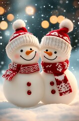 Two cute snowmen, wearing white and red scarves and hats : Generative AI
