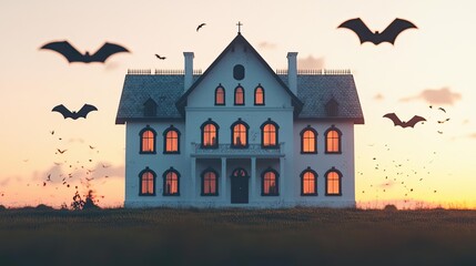 A haunted house at dusk, surrounded by bats under a colorful sky. Perfect for Halloween-themed projects and spooky aesthetics.