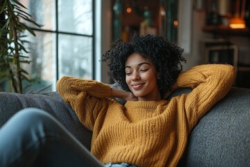 Obraz premium Happy african american woman relaxing sitting in a comfortable sofa at home