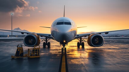 Front view of a commercial airplane parked on an airport runway at sunset with mountains in the background