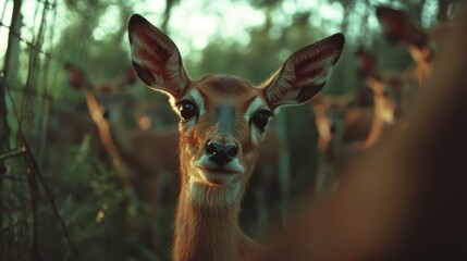 A group of deer stands in a dense forest as soft rays of light filter through the trees, creating a peaceful atmosphere that highlights their gentle presence.