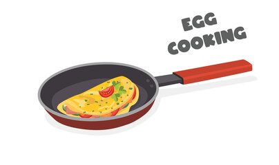 Omelette dish vector.  Egg omelette vector. Cooked egg on frying pan clipart. Food vector. Egg dish. Flat vector in cartoon style isolated on white background.