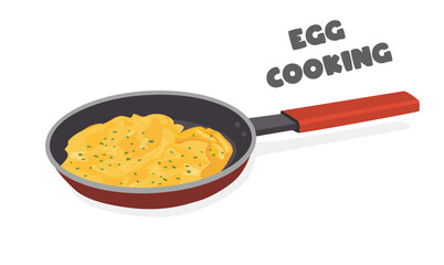 Scrambled or omelette dish vector.  Egg omelette vector. Cooked egg on frying pan clipart. Food vector. Egg dish. Flat vector in cartoon style isolated on white background