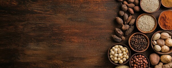 Obraz premium A rustic table beautifully arranged with a variety of natural food ingredients, showcasing earthy textures and colors.