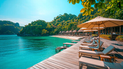Tropical beach with sunbeds and umbrellas, Thailand